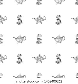 Seamless pattern of teapots and teacups isolated on white background. Chinese seamless pattern of teapots and teacups collection for textile design. Vector outline illustration.