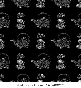 Seamless pattern of teapots and teacups isolated on black background. Chinese seamless pattern of teapots and teacups collection for textile design. Vector outline illustration.