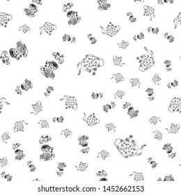 Seamless pattern of teapots and teacups isolated on white background. Chinese seamless pattern of teapots and teacups collection for textile design. Vector outline illustration.