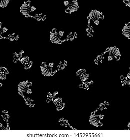 Seamless pattern of teapots and teacups isolated on black background. Chinese seamless pattern of teapots and teacups collection for textile design. Vector outline illustration.