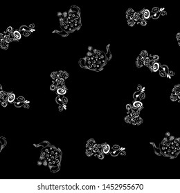 Seamless pattern of teapots and teacups isolated on black background. Chinese seamless pattern of teapots and teacups collection for textile design. Vector outline illustration.