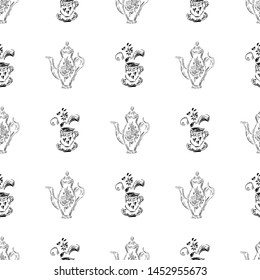 Seamless pattern of teapots and teacups isolated on white background. Chinese seamless pattern of teapots and teacups collection for textile design. Vector outline illustration.