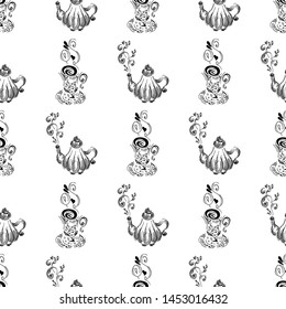 Seamless pattern of teapots and teacups isolated on white background. Chinese seamless pattern of teapots and teacups collection for textile design. Vector outline illustration.