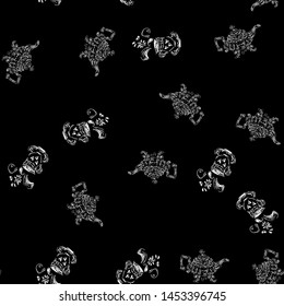Seamless pattern of teapots and teacups isolated on black background. Chinese seamless pattern of teapots and teacups collection for textile design. Vector outline illustration.