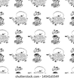 Seamless pattern of teapots and teacups isolated on white background. Chinese seamless pattern of teapots and teacups collection for textile design. Vector outline illustration.