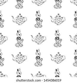 Seamless pattern of teapots and teacups isolated on white background. Chinese seamless pattern of teapots and teacups collection for textile design. Vector outline illustration.