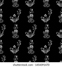 Seamless pattern of teapots and teacups isolated on black background. Chinese seamless pattern of teapots and teacups collection for textile design. Vector outline illustration.