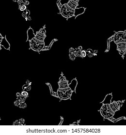 Seamless pattern of teapots and teacups isolated on black background. Chinese seamless pattern of teapots and teacups collection for textile design. Vector outline illustration.