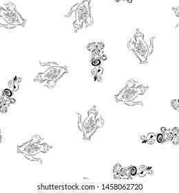 Seamless pattern of teapots and teacups isolated on white background. Chinese seamless pattern of teapots and teacups collection for textile design. Vector outline illustration.