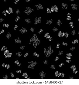 Seamless pattern of teapots and teacups isolated on black background. Chinese seamless pattern of teapots and teacups collection for textile design. Vector outline illustration.