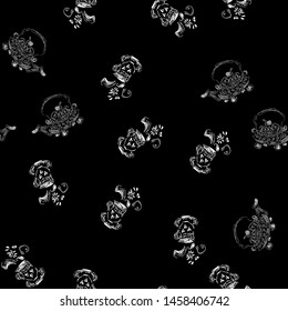 Seamless pattern of teapots and teacups isolated on black background. Chinese seamless pattern of teapots and teacups collection for textile design. Vector outline illustration.