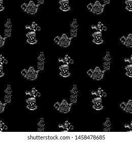 Seamless pattern of teapots and teacups isolated on black background. Chinese seamless pattern of teapots and teacups collection for textile design. Vector outline illustration.