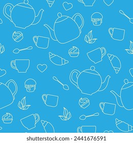 Seamless pattern with teapots, teaspoons, cups of tea and cookies. White drawing lines on a light blue background. Vector