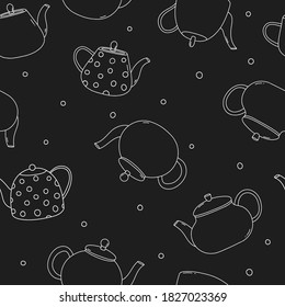 Seamless pattern with teapots. White outline on a black background. Vector illustration.