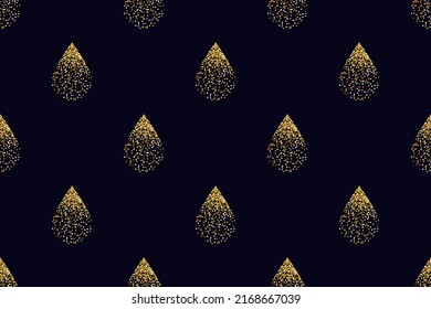 Seamless pattern of tears or drops with gold glitter effect on a dark  background.