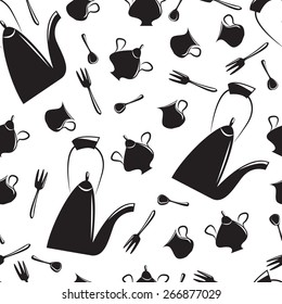 Seamless pattern of tea-time in black and white 	 