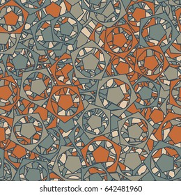 Seamless pattern. Techno-stained glass. Abstract a five-sided figure. Chaotic order. Fashionable women's and children's camo.  Gray, brown, beige, blue-gray.