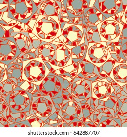Seamless pattern. Techno-stained glass. Abstract a five-sided figure. Chaotic order. Fashionable women's and children's camo.  Red, gray, beige.