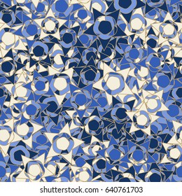 Seamless pattern. Techno-starry stained glass. Abstract a five-sided figure. Chaotic order. Fashionable women's and children's camo. White, blue, gray.