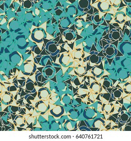 Seamless pattern. Techno-starry stained glass. Abstract a five-sided figure. Chaotic order. Fashionable women's and children's camo. Gray-green, white, blue, yellow.