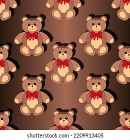 Seamless pattern with teddy bear with beautiful red bow on brown background. Smile bear toy for children shop. Valentines day concept. Print for wallpaper for children room.