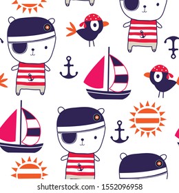 seamless pattern with teddy bear, bird, sailboat, sun, anchor vector illustration. Cartoon pirate teddy bear vector 