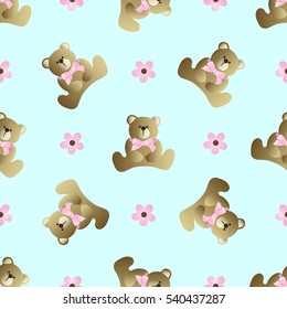 Seamless pattern with teddy bear with a bow and flowers on a turquoise background