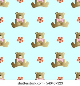 Seamless pattern with teddy bear with a bow and flowers on a turquoise background