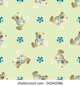 Seamless pattern with teddy bear with a bow and flowers on a green background