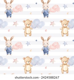 Seamless pattern with teddy bear and bunny. Cute childish wallpaper. Watercolor rabbit background in pastel colors