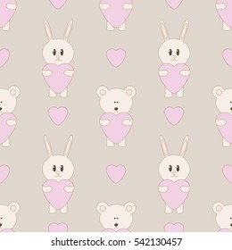 Seamless pattern with teddy bear and bunny for wedding or valenyine's day.
