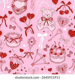 Seamless pattern with teddy bear, cherries, strawberry, cake and coquette bows, hearts on pink background. Valentine date. Vector for wrapping paper, packaging, fabric, room decor, phone case etc.