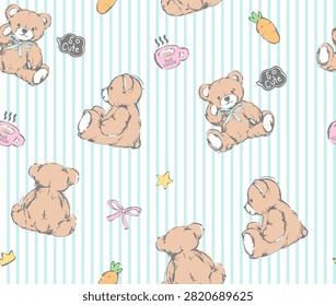 seamless pattern of teddy bear and cute items in pastel theme vector illustration