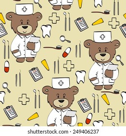 Seamless Pattern With Teddy Bear Doctor. Healthcare And Medical Research Background. 