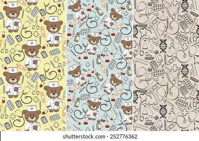 Seamless pattern with teddy bear doctor. Healthcare and medical research background. 