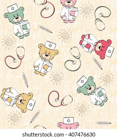 Seamless pattern with teddy bear doctor. Healthcare and medical research background. 