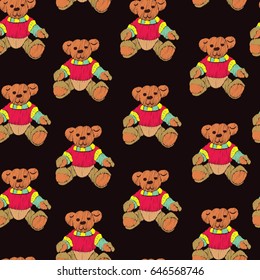 Seamless pattern with teddy bear. Embroidery stitches. Black background. Vector illustration