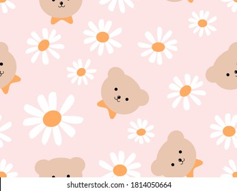 Seamless pattern with teddy bear face head and daisy flower on pink background vector illustration.