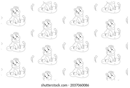 seamless pattern teddy bear with flovers for children, black outline isolated on white background. cute bear for fabric, poster, children's drawing, stock vector illustration background