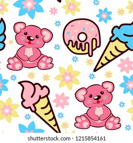 Seamless pattern with teddy bear, flowers, ice cream, donuts. Vector cartoon style cute character.