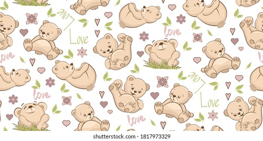 
seamless pattern teddy bear flowers and leaves childrens background love kids toys textiles clothes