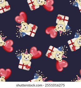 Seamless Pattern of  Teddy Bear with Gift, Balloon, and Confetti for Celebration