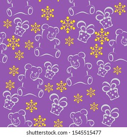 Seamless pattern with teddy bear and gifts. Great for Christmas cards, birthday, poster, banners, invitations. Vector.