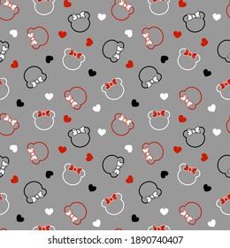 Seamless pattern with teddy bear head with bow and hearts. Vector illustration.