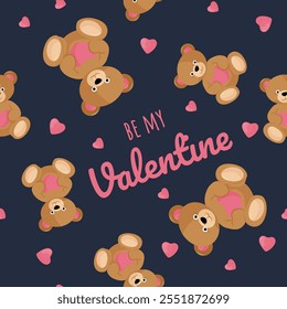 Seamless pattern with teddy bear with heart on a dark background. Happy Valentine's Day, Romance, Love concept. Perfect for product design, scrapbooking, textile, wrapping paper. EPS 10