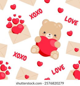 Seamless pattern with teddy bear, love letter, red heart, xoxo. Valentine illustration.