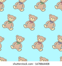 Seamless pattern with a teddy bear on a blue background. Vector