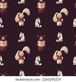 Seamless pattern with Teddy bear and plush bunnies. Children's toys, kid's shop, playing, childhood concept. Vector illustration.