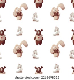 Seamless pattern with Teddy bear and plush bunnies. Children's toys, kid's shop, playing, childhood concept. Vector illustration.