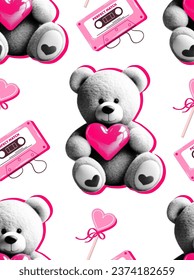 Seamless pattern with teddy bear in retro collage style for Valentine's Day. Vector, festive background in 80s style.